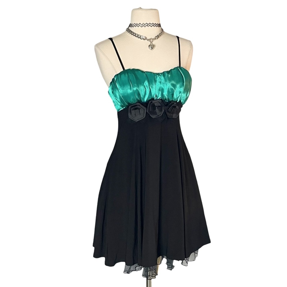 SNAP Y2k Babydoll Black Dress Teal Green Satin Ruffle Chiffon Emo Whimsigoth